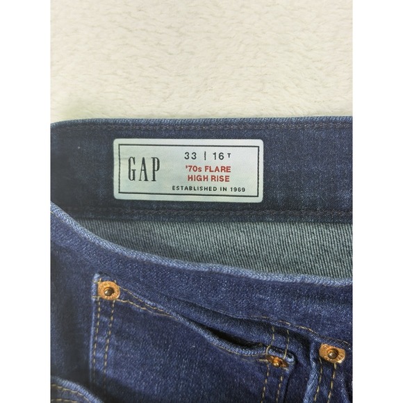 Gap Jeans Womens 16 Tall Blue Dark Denim Wash High Rise 70s Flare Stretch - Picture 7 of 9